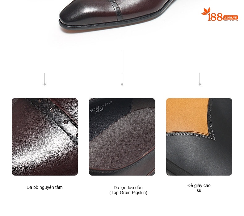 Giày Tây Buộc Dây Nam Da Bóng Ba Lỗ Chiều Cao Đế Khoảng 3cm Màu Đen, Nâu chi tiết 5