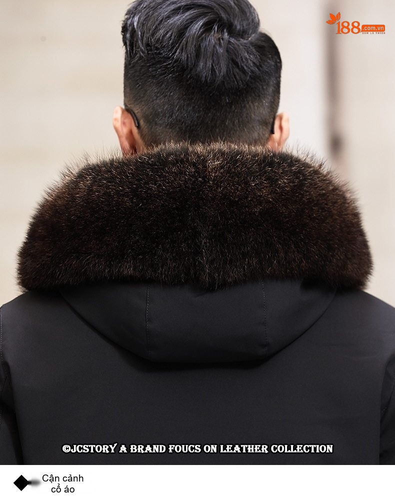 Áo Parka Nam Dáng Dài Lót Lông Thỏ Cổ Lông Cáo Màu Đen chi tiết 24
