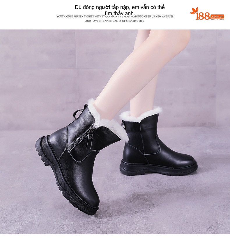 Boot Nữ Da Bóng Lót Lông Cừu Giữ Ấm Mùa Đông Chiều Cao Đế Khoảng 4cm Màu Đen chi tiết 14