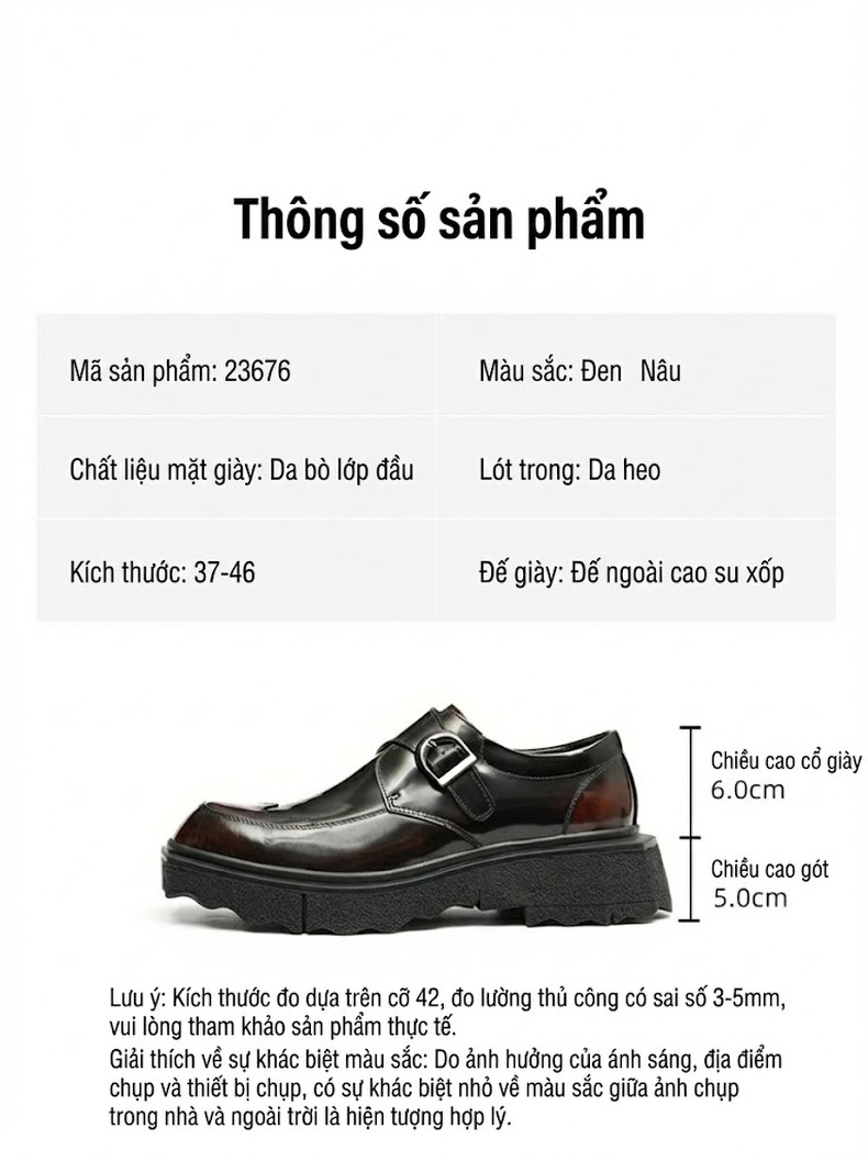 Giày Monkstrap Khóa Cài Nam Da Bò Chiều Cao Đế Khoảng 5cm Màu Đen, Nâu chi tiết 2