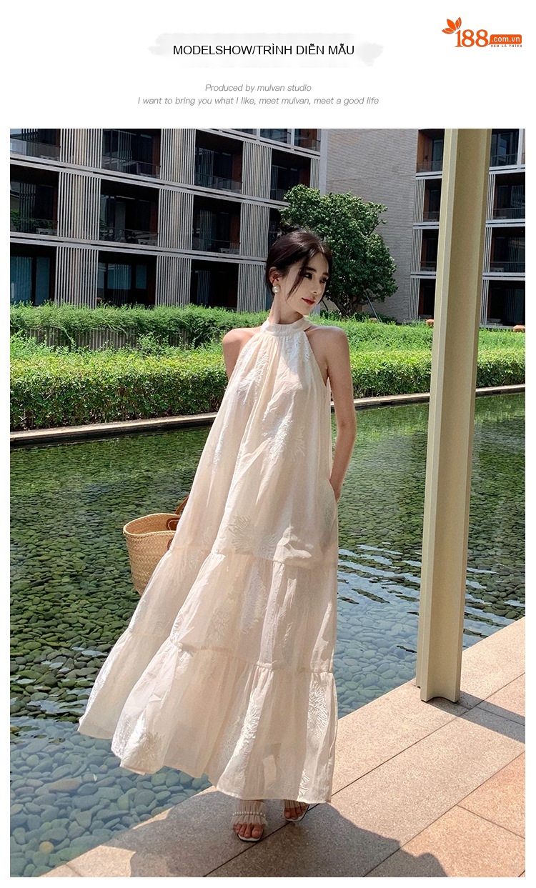 Váy Maxi Hở Vai Cổ Yếm Dáng Xòe Thêu Hoa Phong Cách Pháp Nữ Tính Màu Kem chi tiết 6