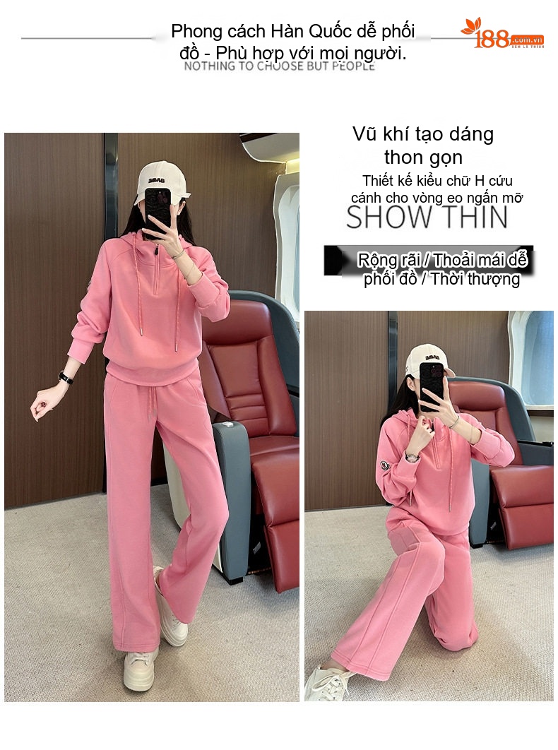 Bộ đồ thể thao nữ dáng rộng có mũ trùm đầu lót lông dày dặn chi tiết 2