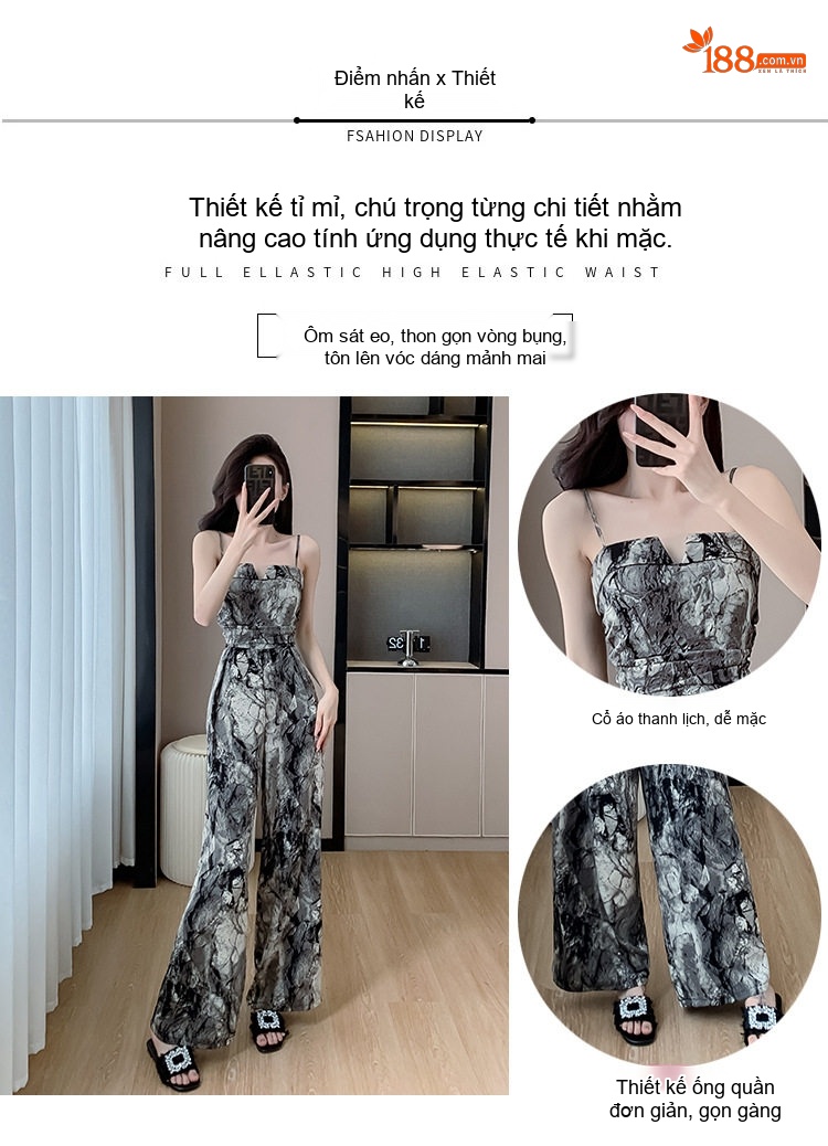 Jumpsuit Nữ Dáng Dài Ống Rộng Họa Tiết Dây Đeo Màu Đen, Trắng Xám chi tiết 2