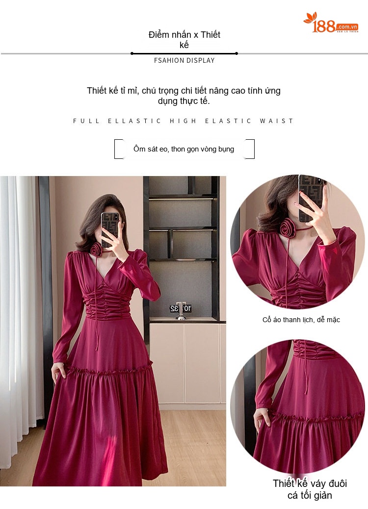 Váy Dài Nữ dáng chữ A Chiết Eo Cổ chữ V Chất Liệu Satin Màu Đỏ Rượu Vang, Đen chi tiết 1