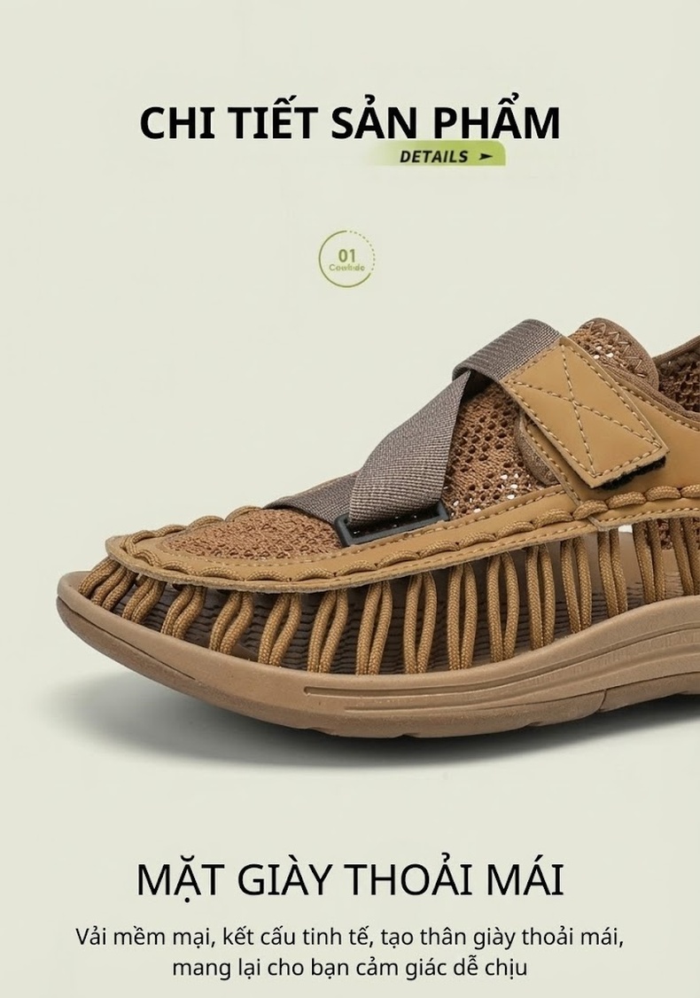 Sandal Nam Quai Dán Bện Dây Thoáng Khí Đế Cao 2cm chi tiết 3