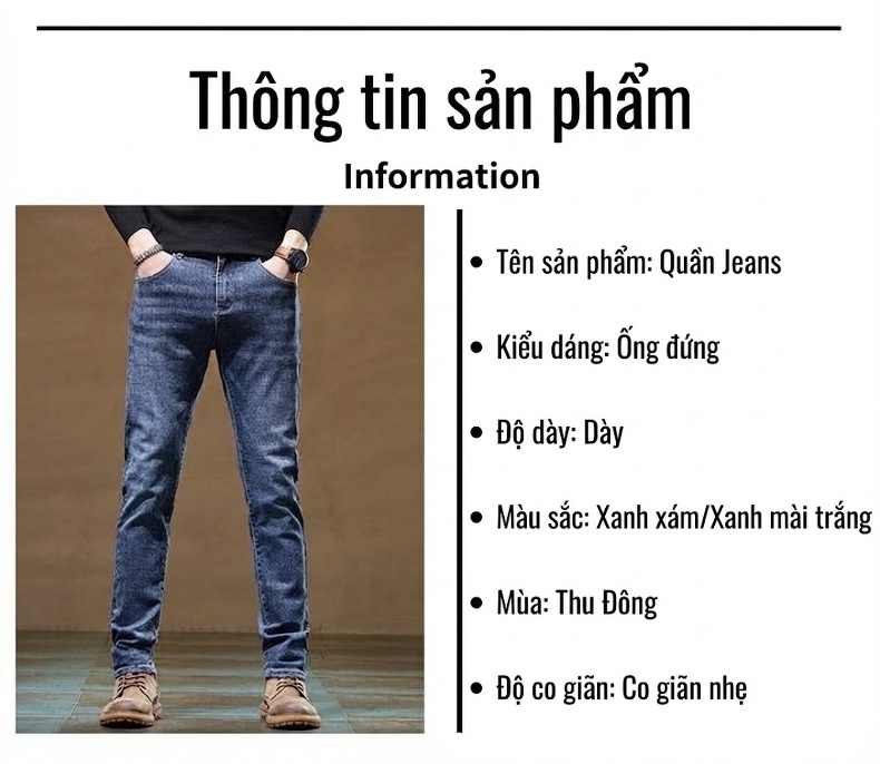 Quần Jean Nam Ống Đứng Co Giãn Mềm Mại Lót Lông Cừu Dày Dặn Màu Đen, Xanh chi tiết 24