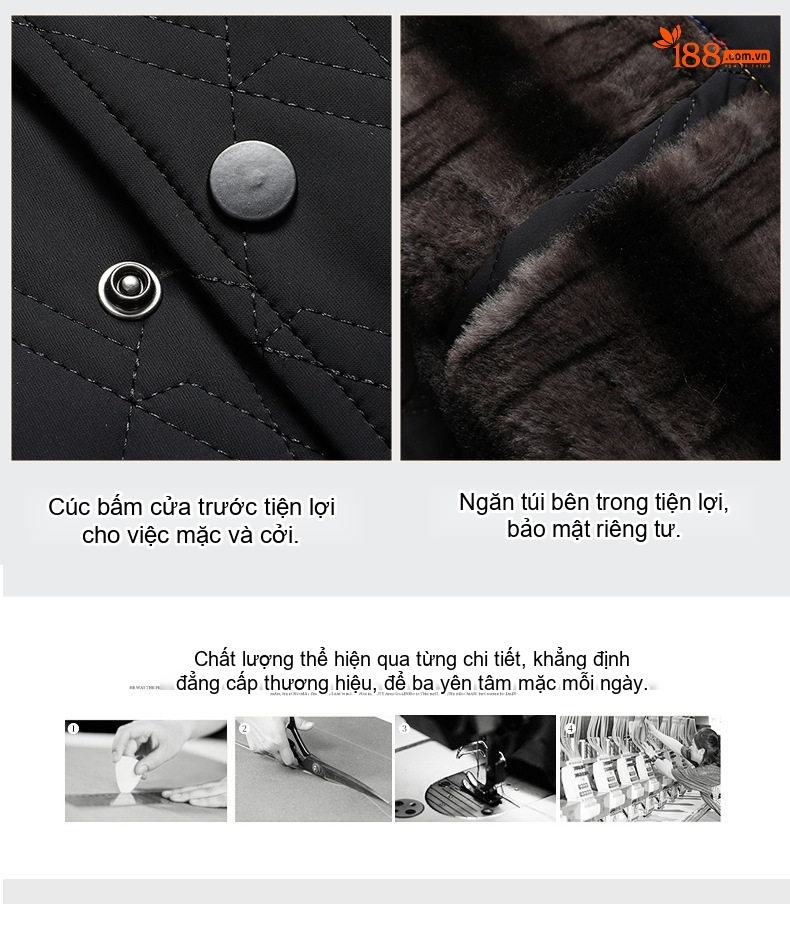 Áo Khoác Bông Nam Cotton Lót Lông Cổ Bẻ Dày Dặn Giữ Ấm Màu Xám, Đen, Xanh Navy chi tiết 15