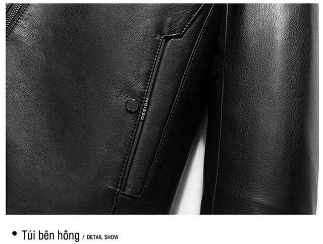 Áo Khoác Da Thật Nam Lót Lông Chồn Cổ Bẻ Ngắn Màu Đen chi tiết 16