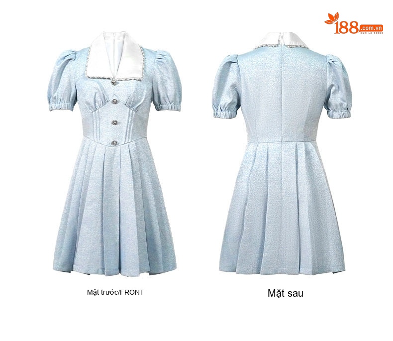 Váy liền thân Nữ Dáng Xòe Cổ Búp Bê Tay Bồng Chiết Eo Thanh Lịch Màu Xanh Lam chi tiết 4