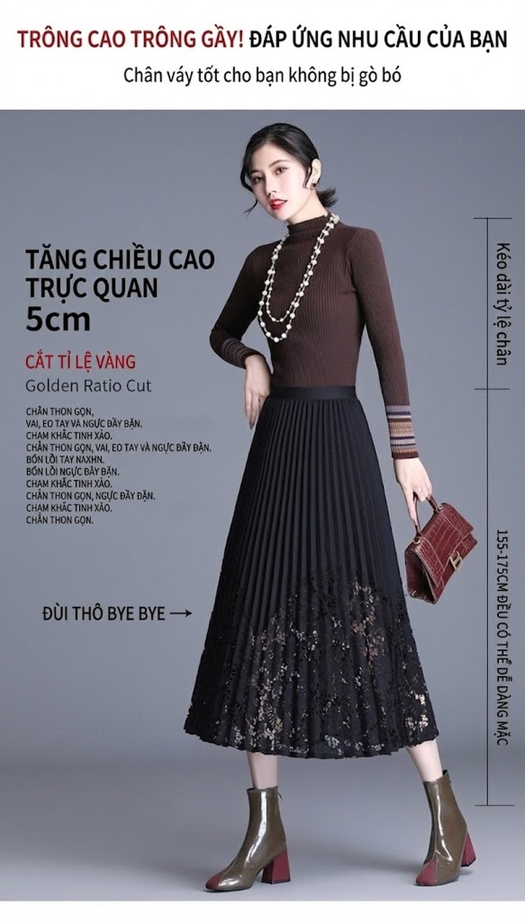 Chân Váy Midi Xếp Ly Ren Lưới Phong Cách Hàn Quốc Màu Đen chi tiết 3