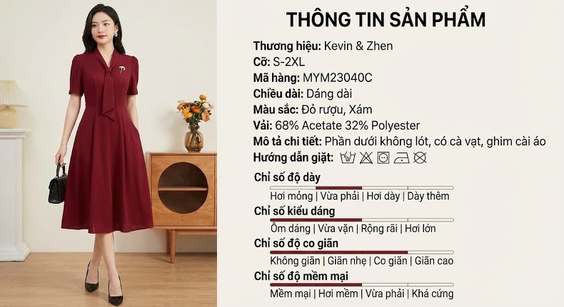 Váy liền thân Nữ Dáng Dài Tay Dài Cổ Đức Phong Cách Quý Phái Màu Xám, Đỏ Rượu chi tiết 18