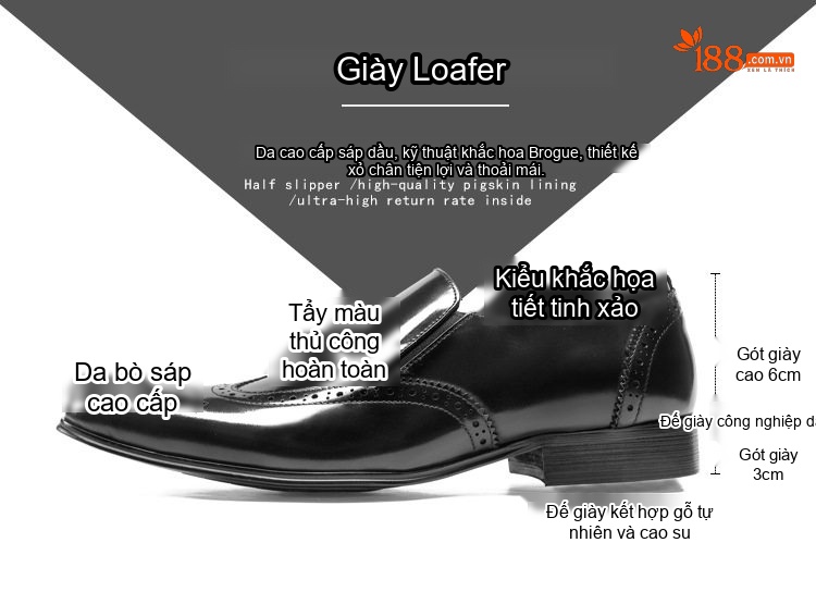Giày Lười Nam Da Bò Mũi Nhọn Chiều Cao Đế Khoảng 3cm Màu Đen, Nâu chi tiết 2