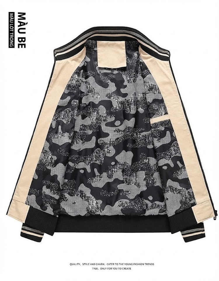 Áo Khoác Bomber Nam Cotton Dáng Đứng Cổ Tay Bo Chun Thu Đông Màu Be, Đen, Vàng Nâu chi tiết 15