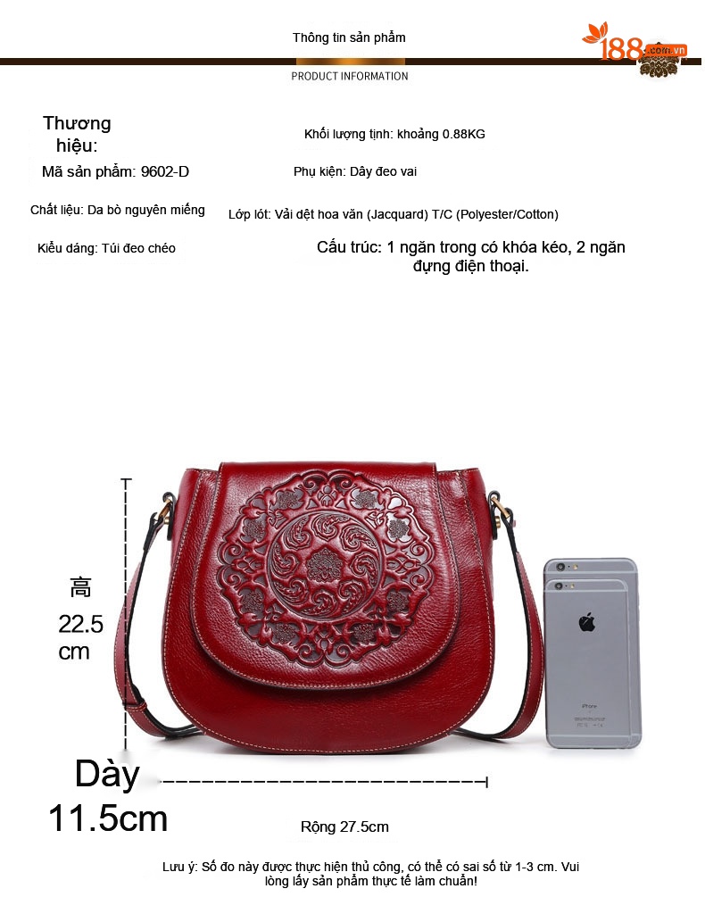 Túi Đeo Chéo Nữ Da Bò Thật Vintage Khắc Hoa Văn Phong Cách Trung Hoa, Túi Đeo Vai Nữ Sức Chứa Lớn Màu Đỏ chi tiết 14