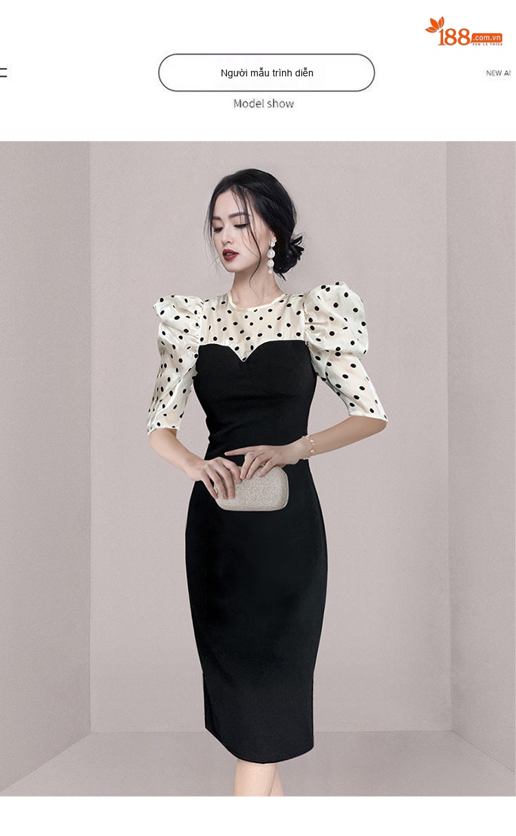 Váy Ôm Body Nữ Tay Bồng Họa Tiết Chấm Bi Cổ Tròn Màu Đen chi tiết 8