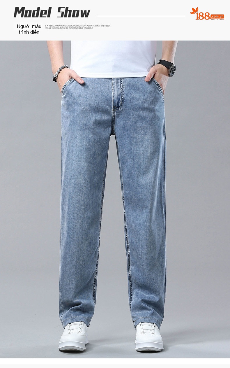 Quần Jeans Nam Ống Đứng Co Giãn Nhẹ Dáng Suông Dài Màu Xanh chi tiết 4