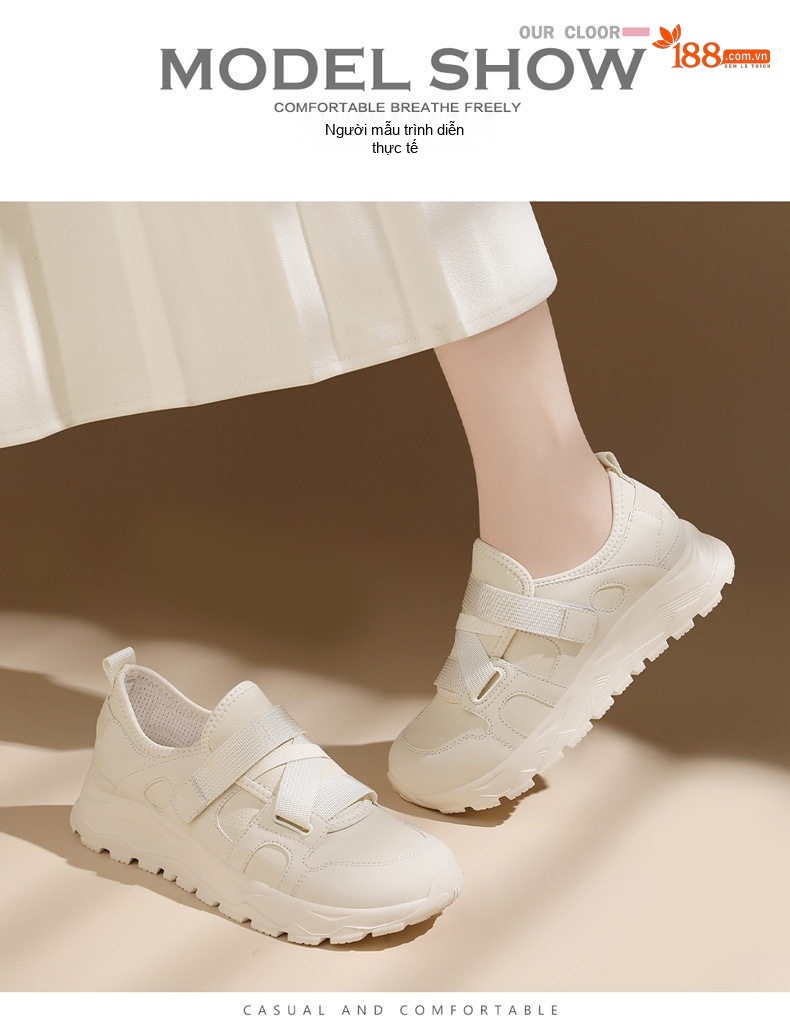 Giày Thể Thao Nữ Dán Velcro Bề Mặt Da Mờ Chiều Cao Đế Khoảng 3.5cm Màu Đen, Kem chi tiết 8