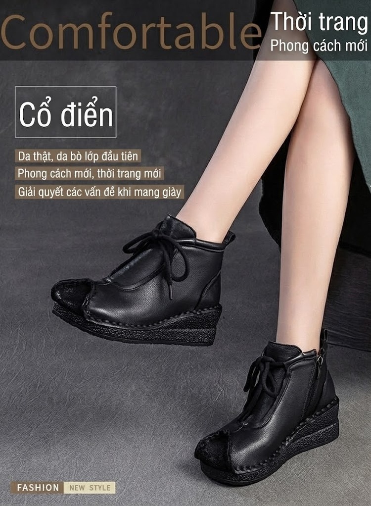 Boot Nữ Da Bò Cổ Ngắn Đế Xuồng Chiều Cao Đế Khoảng 4cm Màu Đen, Nâu chi tiết 1