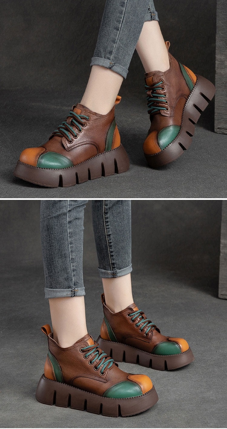 Boot Nữ Cổ Ngắn Da Bò Đế Bánh Mì Phối Màu Chiều Cao Đế Khoảng 5cm Màu Nâu, Vàng, Xanh Lá chi tiết 7