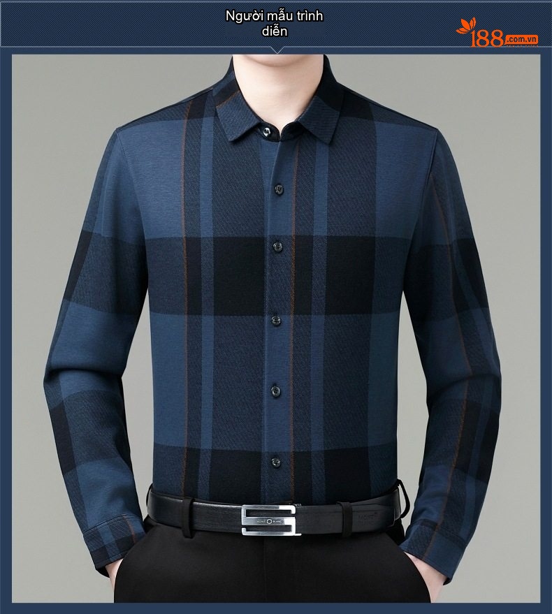 Áo Sơ Mi Nam Lông Chồn Dệt Kim Caro Chống Nhăn Giữ Ấm Màu Xanh Navy, Đỏ chi tiết 5
