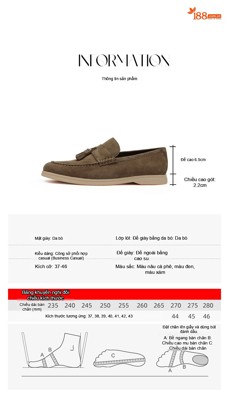 Giày Lười Nam Da Lộn Da Bò Chiều Cao Đế Khoảng 3cm Màu Đen, Xám, Nâu chi tiết 24