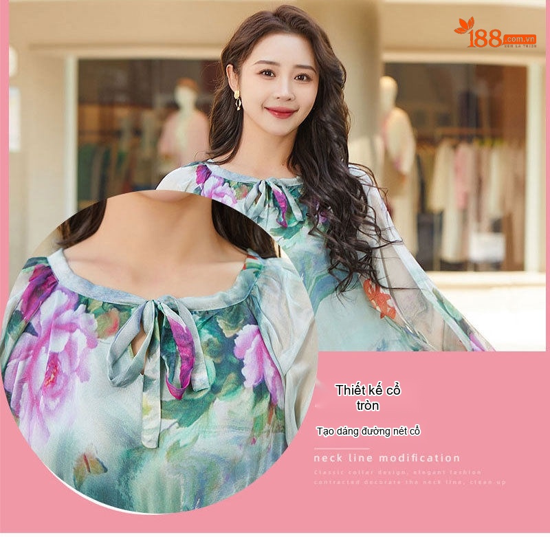 Váy Maxi Nữ Tay Dài Voan Mỏng Họa Tiết Đi Biển Mùa Hè Màu Trắng, Đỏ, Xanh, Đen... chi tiết 5