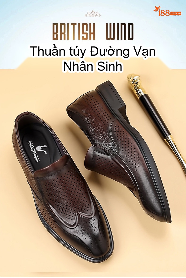 Giày Lười Nam Da Bò Đục Lỗ Thoáng Khí Chiều Cao Đế Khoảng 2cm Màu Đen, Nâu chi tiết 5