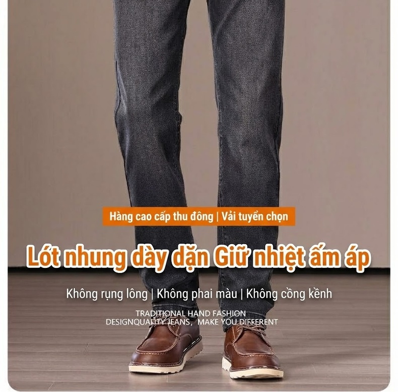 Quần Jean Nam Ống Đứng Co Giãn Lót Lông Cừu Dày Dặn Cao Cấp Màu Xám Đen chi tiết 11