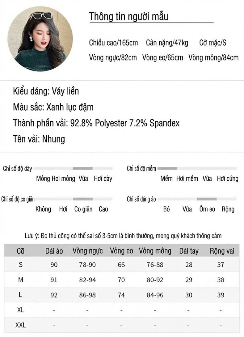 Váy liền thân Nữ Tay Lỡ, Hở Eo, Ôm Body, Nhung Tăm Màu Xanh Lá chi tiết 3