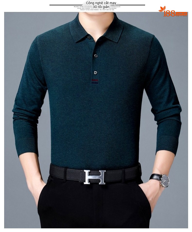 Áo Thun Polo Nam Dài Tay Dệt Kim Cashmere Phong Cách Doanh Nhân Màu Đỏ Rượu, Xám, Xanh Dương, Xanh Lá... chi tiết 6