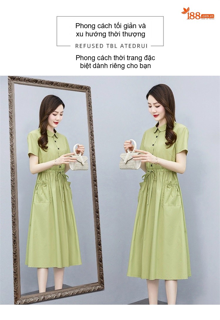 Váy Polo Nữ dáng chữ A Chiết Eo Thanh Lịch Màu Đỏ, Nâu, Xanh Navy, Xanh Lá chi tiết 4