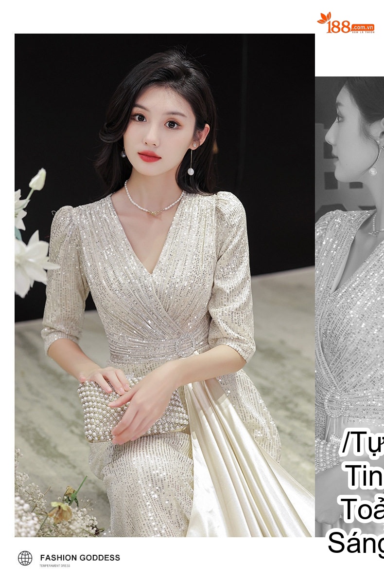Váy Dạ Hội Nữ Dáng Dài Sang Trọng Màu Vàng Gold, Đen chi tiết 10