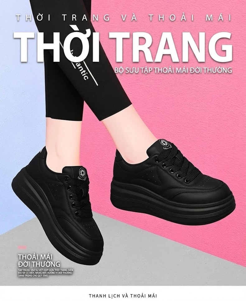Giày Sneaker Nữ Đế Bánh Mì Chiều Cao Đế Khoảng 5cm Phong Cách Thể Thao Màu Đen, Nâu chi tiết 1