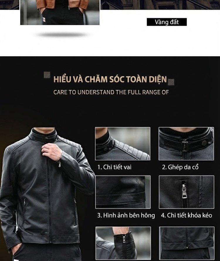 Áo Khoác Da PU Nam Dáng Ôm Cổ Trụ Phong Cách Hàn Quốc Màu Đen, Nâu, Xám chi tiết 6