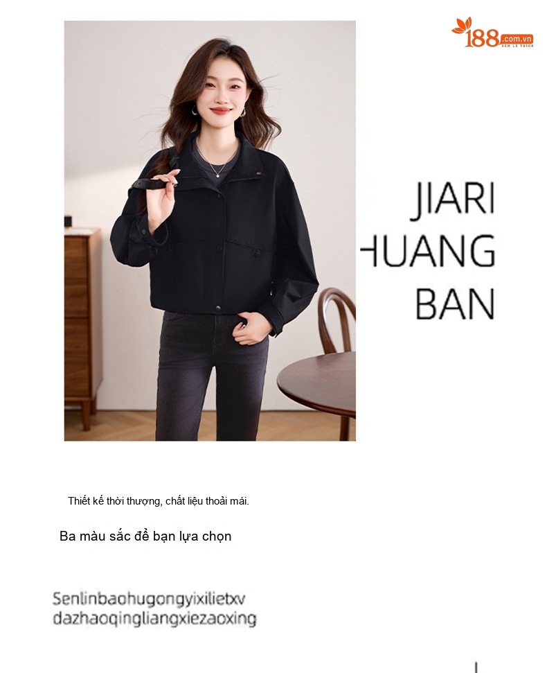 Áo Khoác Bomber Nữ Kiểu Dáng Croptop Cổ Trụ Tay Bồng Màu Đỏ Angola, Đen chi tiết 8