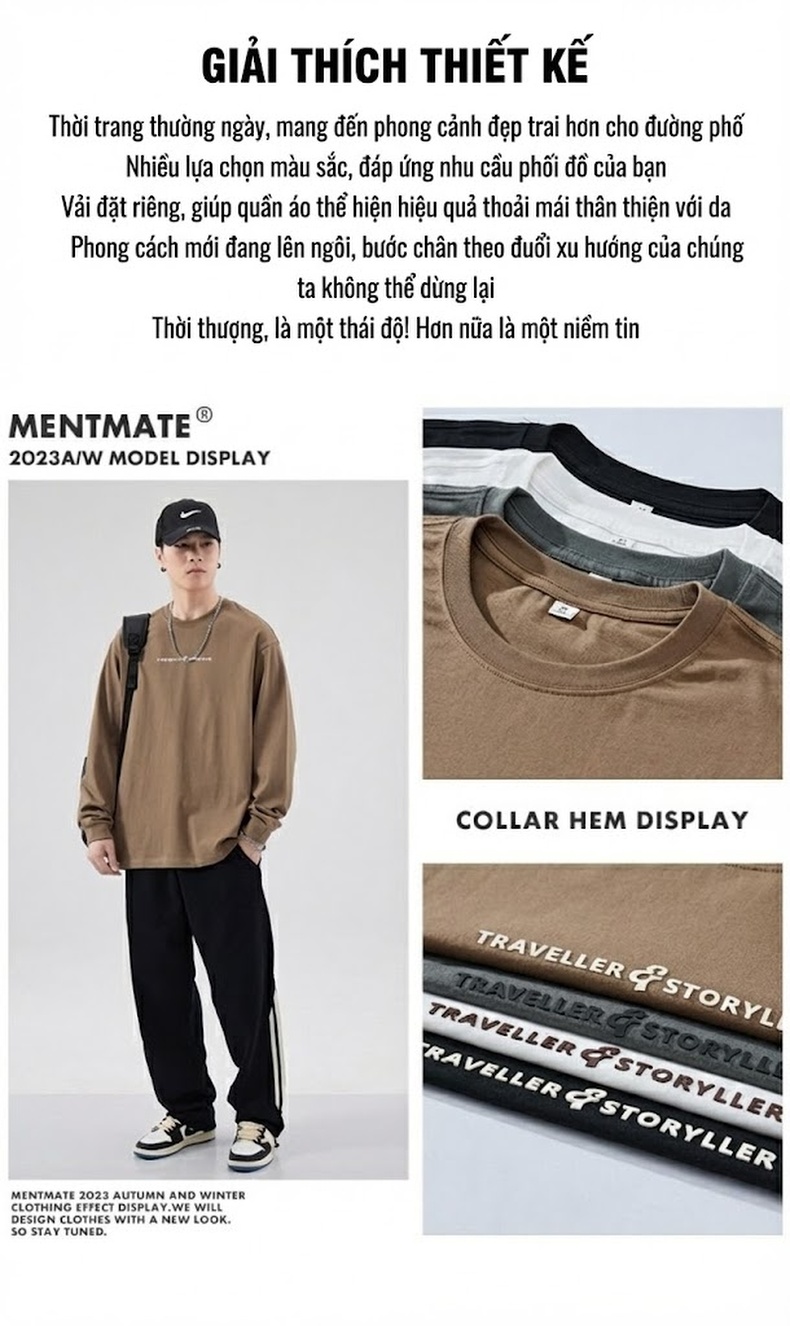 Áo Thun Tay Dài Nam Cotton Dáng Rộng Phong Cách Casual Màu Xám, Nâu, Trắng chi tiết 2