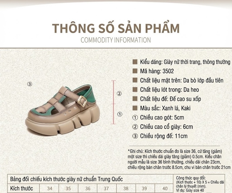 Dép Sandal Nữ Da Bò Quai Hậu Khóa Cài Đế Cao 4cm - 5cm Màu Be, Nâu, Xanh Lá chi tiết 2
