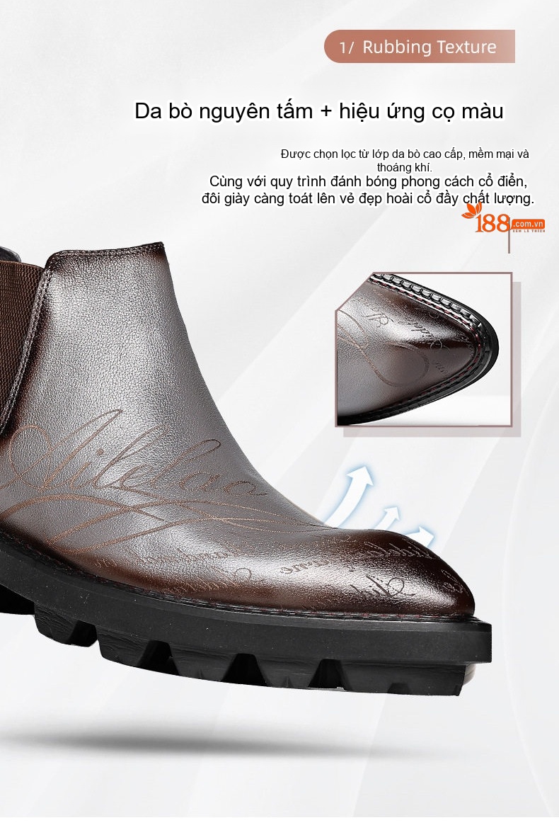 Boot Chelsea Nam Da Bò Mũi Nhọn Khắc Hoa Chiều Cao Đế Khoảng 4cm Màu Đen, Nâu chi tiết 4