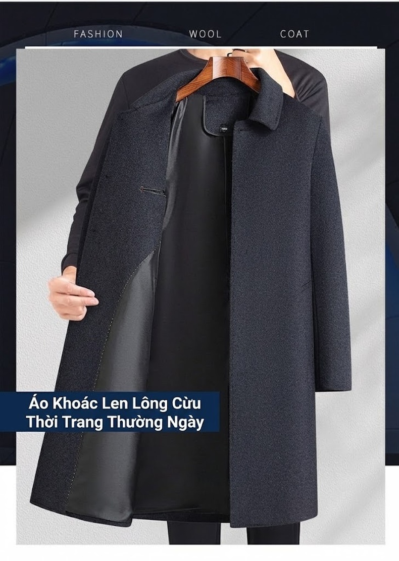 Áo Khoác Dạ Nam Dáng Dài Cổ Bẻ Thanh Lịch Màu Xanh Than chi tiết 1