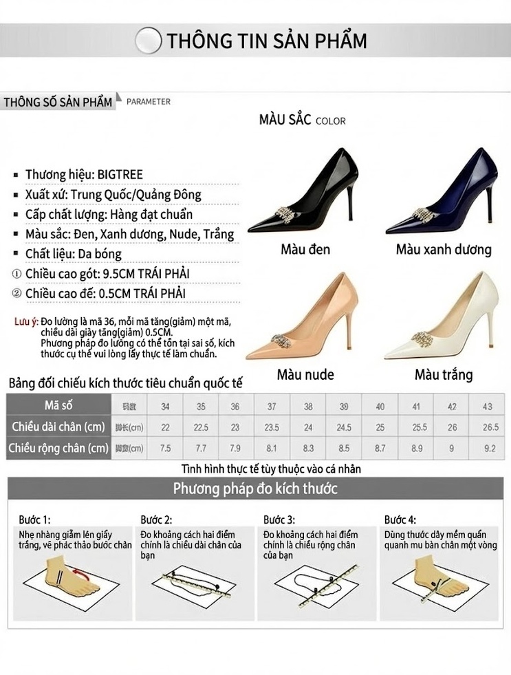 Giày Cao Gót Nữ Da Bóng Mũi Nhọn Đính Đá Chiều Cao Đế Khoảng 8cm Màu Đen, Kem, Xanh Navy, Trắng... chi tiết 1