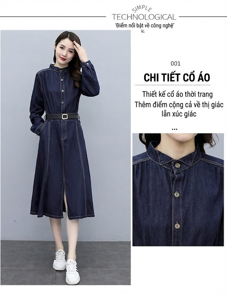 Váy Dài Tay Nữ Denim dáng chữ A Cổ Điển Thanh Lịch chi tiết 4