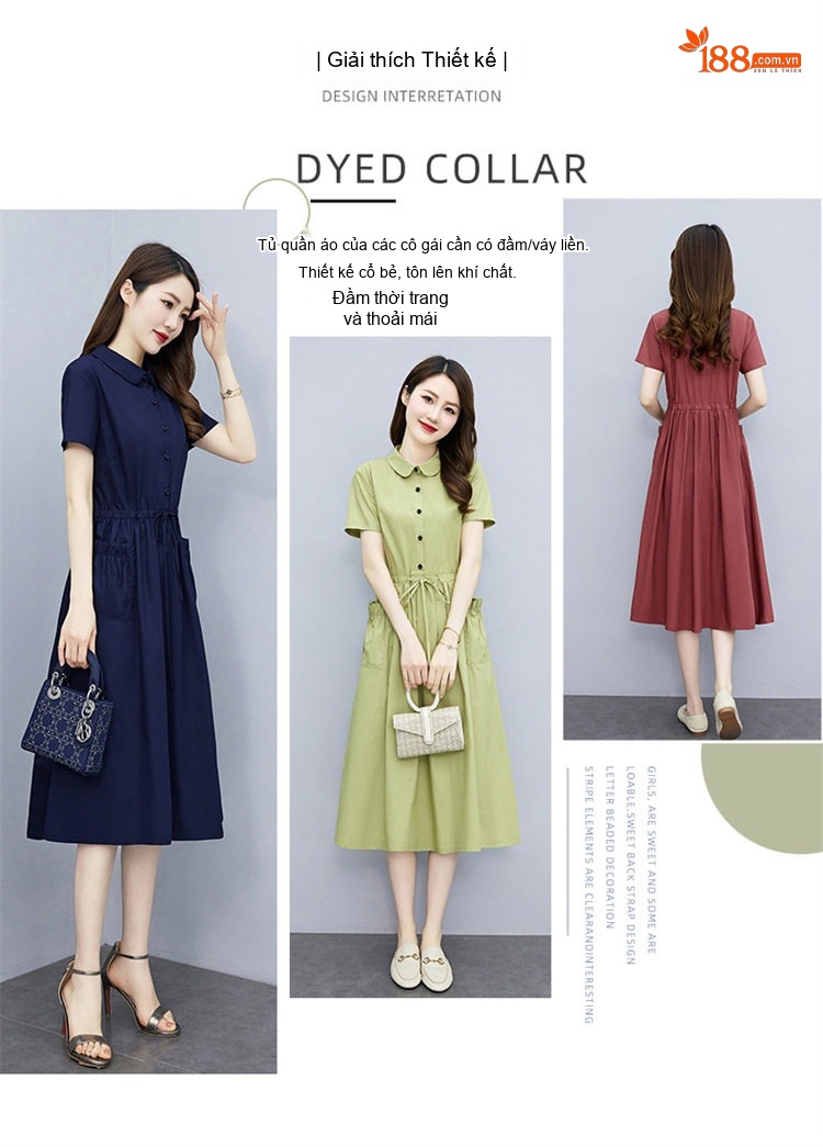 Váy Polo Nữ dáng chữ A Chiết Eo Thanh Lịch Màu Đỏ, Nâu, Xanh Navy, Xanh Lá chi tiết 2