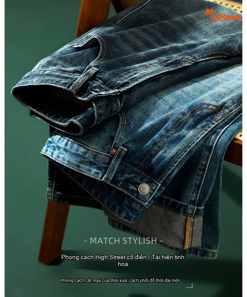 Quần Jean Nam Dáng Rộng Vừa Phải Phong Cách Retro Đường Phố Chất Vải Denim Xanh Dương chi tiết 3