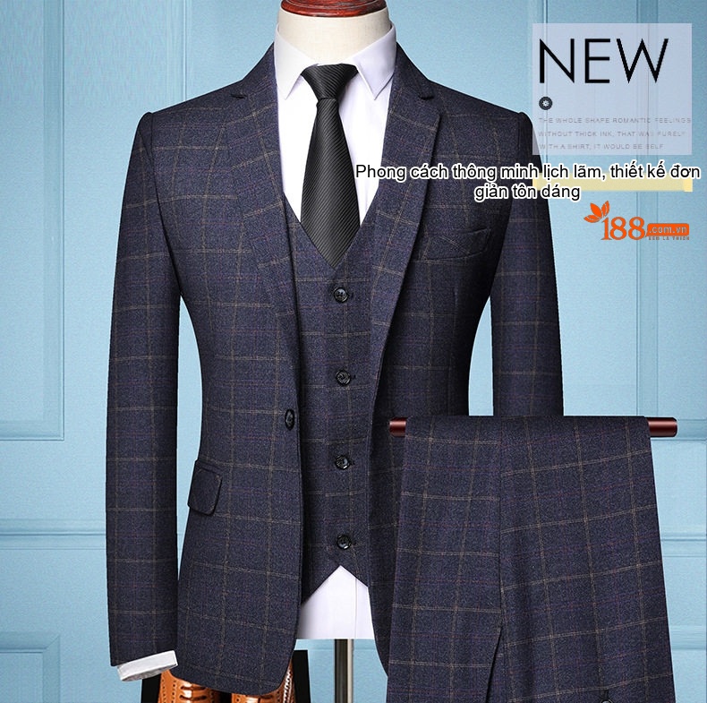 Bộ Vest Nam Kẻ Caro 3 Món Phong Cách Doanh Nhân Trẻ Trung Màu Xám, Xanh Dương chi tiết 1