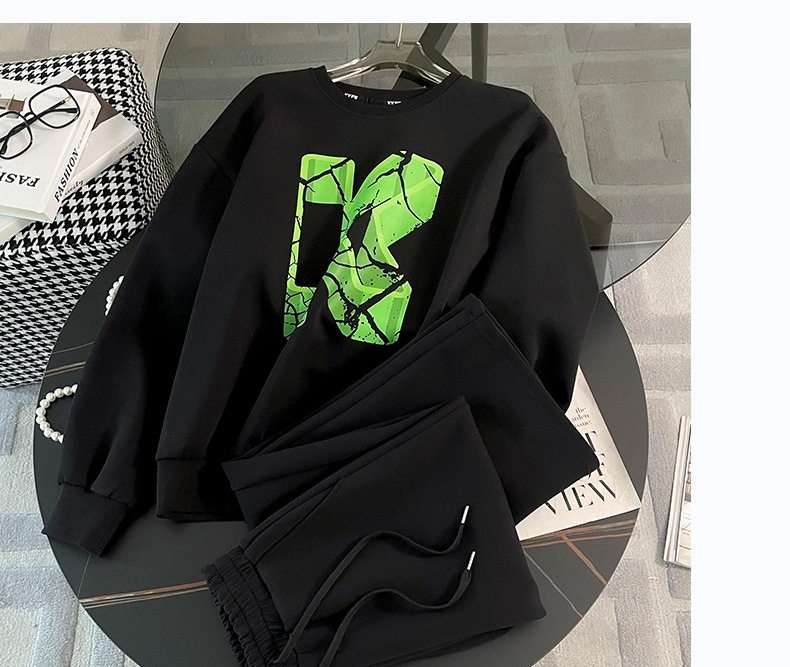 Bộ Đồ Nữ Áo Hoodie và Quần Dài Dáng Rộng Lót Lông Dày Dặn Phong Cách Hàn Quốc Màu Đen chi tiết 4