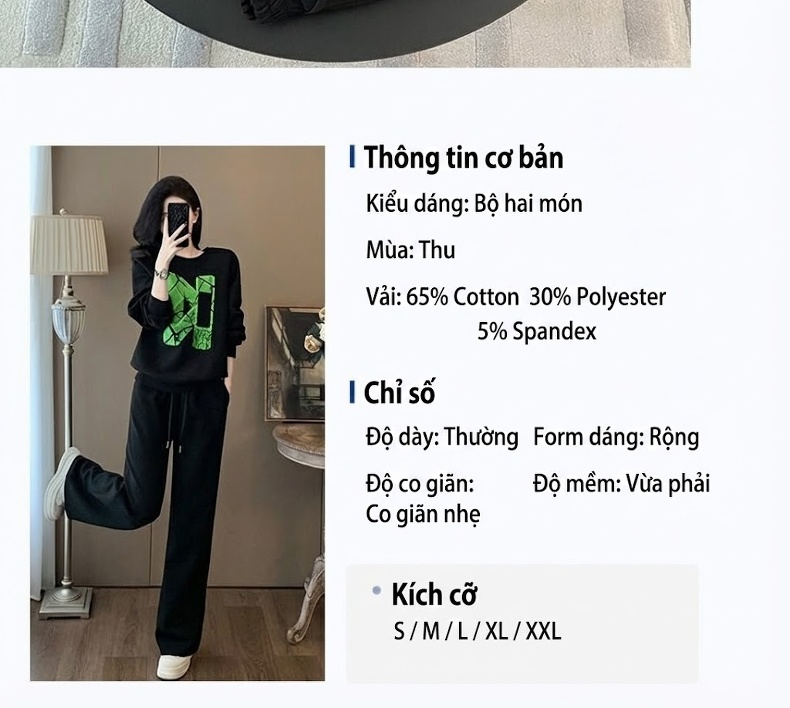 Bộ Đồ Nữ Áo Hoodie và Quần Dài Dáng Rộng Lót Lông Dày Dặn Phong Cách Hàn Quốc Màu Đen chi tiết 5