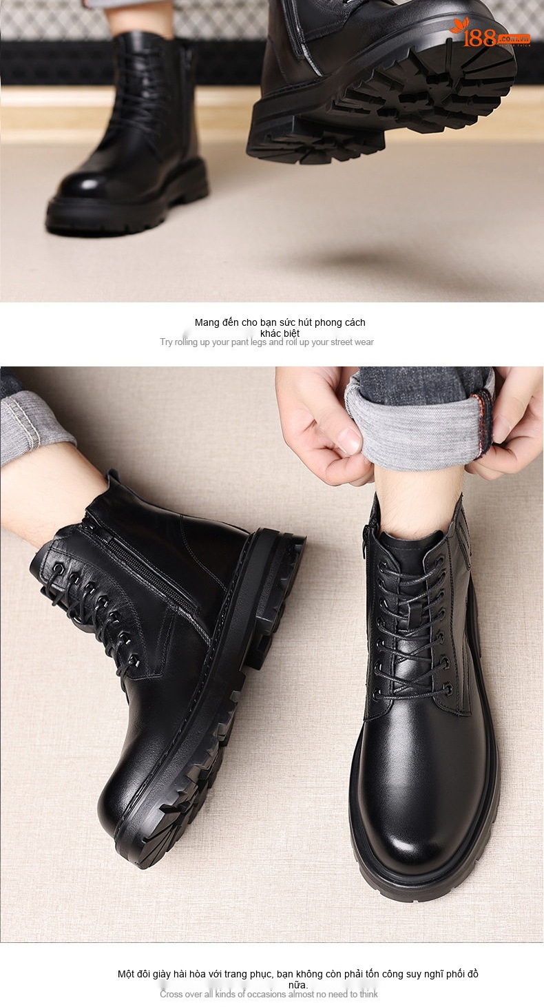 Giày Boot Martin Nam Da Thật Lót Lông Cừu Dày Dặn Chiều Cao Đế Khoảng 4cm Màu Đen chi tiết 15