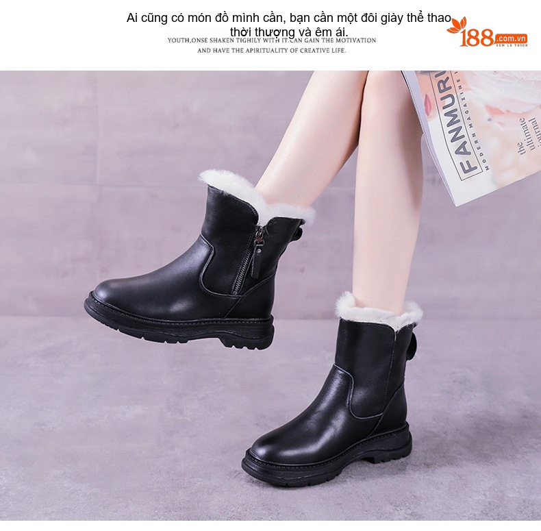 Boot Nữ Da Bóng Lót Lông Cừu Giữ Ấm Mùa Đông Chiều Cao Đế Khoảng 4cm Màu Đen chi tiết 13