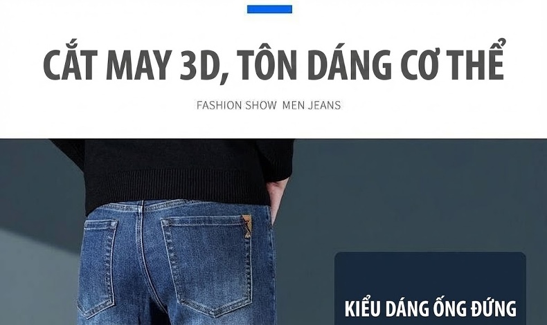Quần Jean Nam Ống Đứng Co Giãn Dáng Ôm Cao Cấp Màu Xanh Đen chi tiết 2