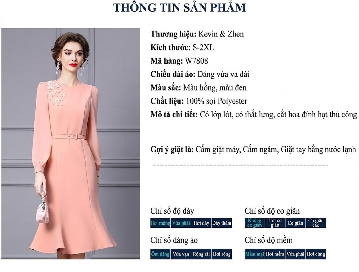 Váy liền thân Nữ Dáng Dài Tay Dài Cổ Tròn Đính Hoa Thủ Công Màu Hồng chi tiết 18